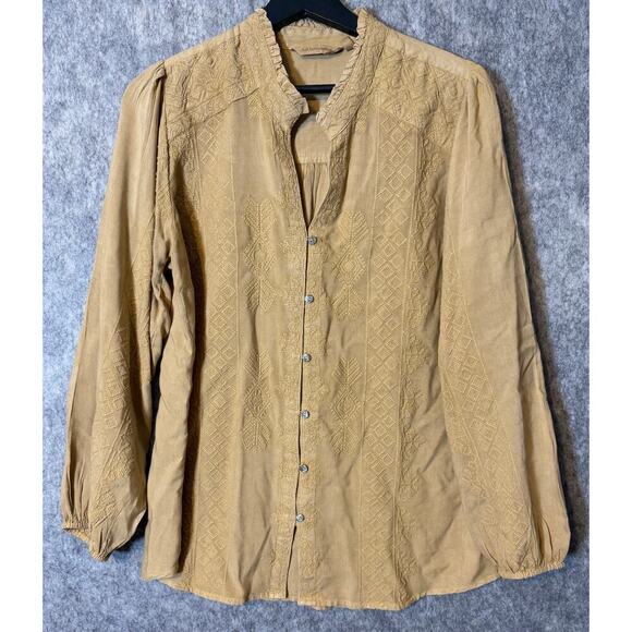 Soft Surroundings Womens Medium Embroidered Ruffle Brown Tan Blouse - Picture 1 of 5